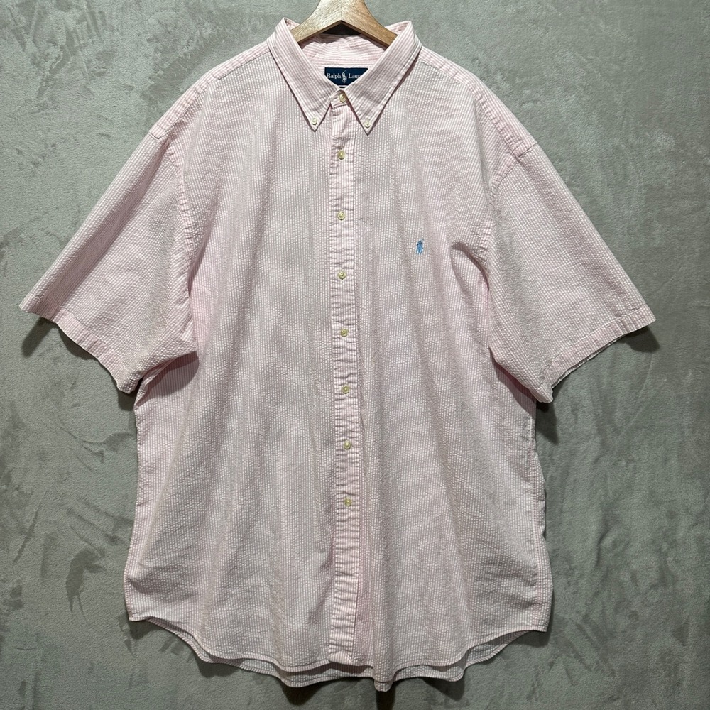 Ralph Lauren Mens 3XLT Tall Seersucker Shirt Pink White Striped Classic Fit SS